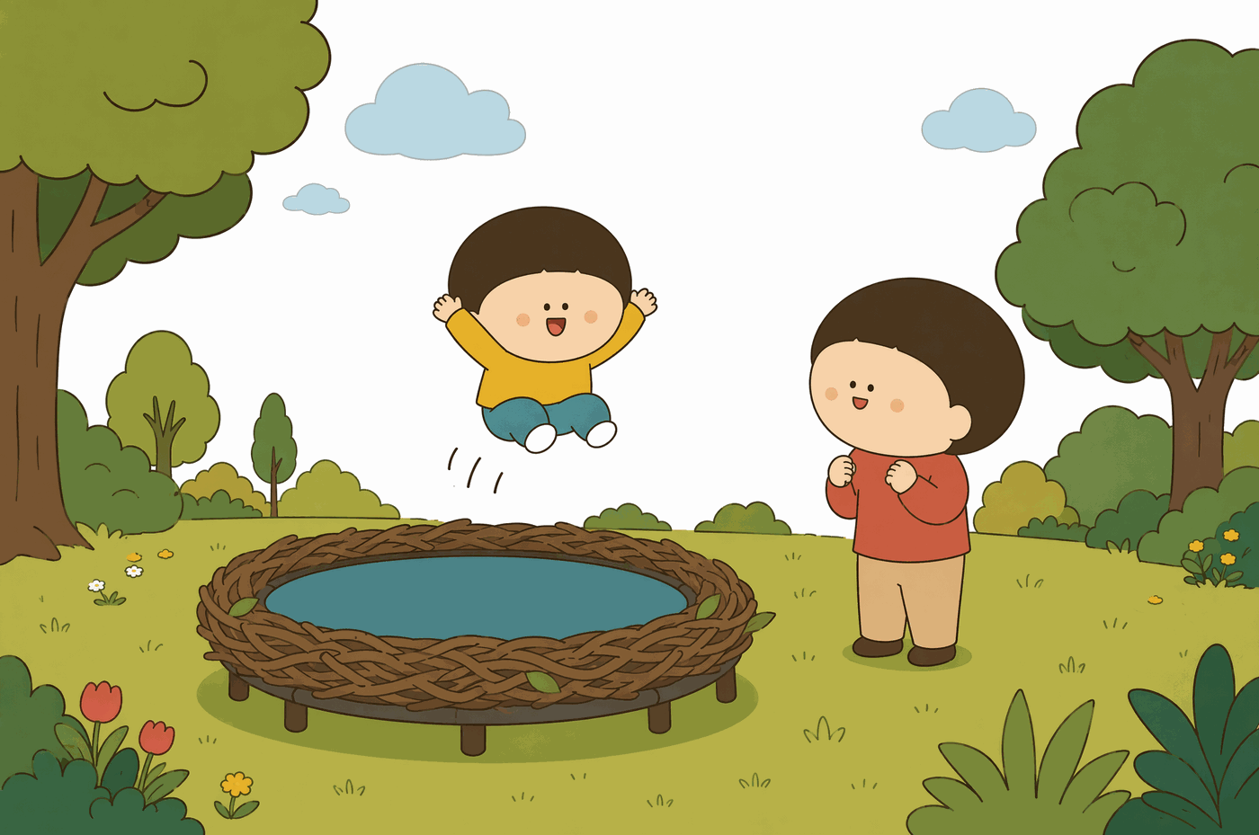 鳥の巣型トランポリンで跳ねる子どものイラスト