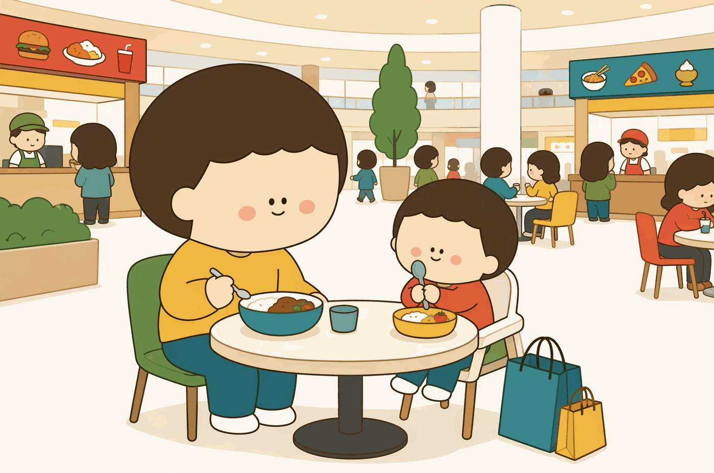 フードコートで親子でお昼ごはんのイラスト