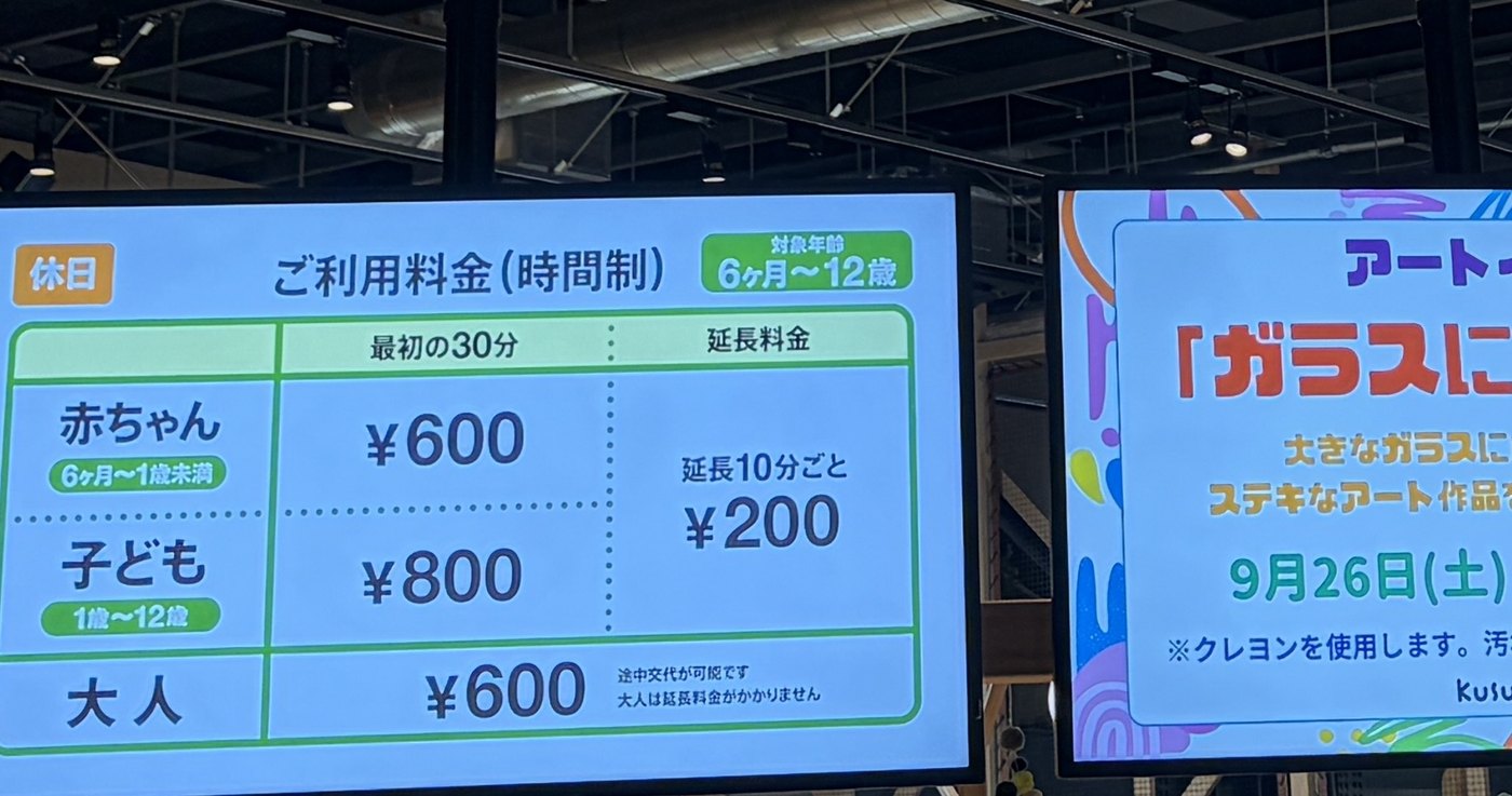 kusu-guru kids parkの利用料金板