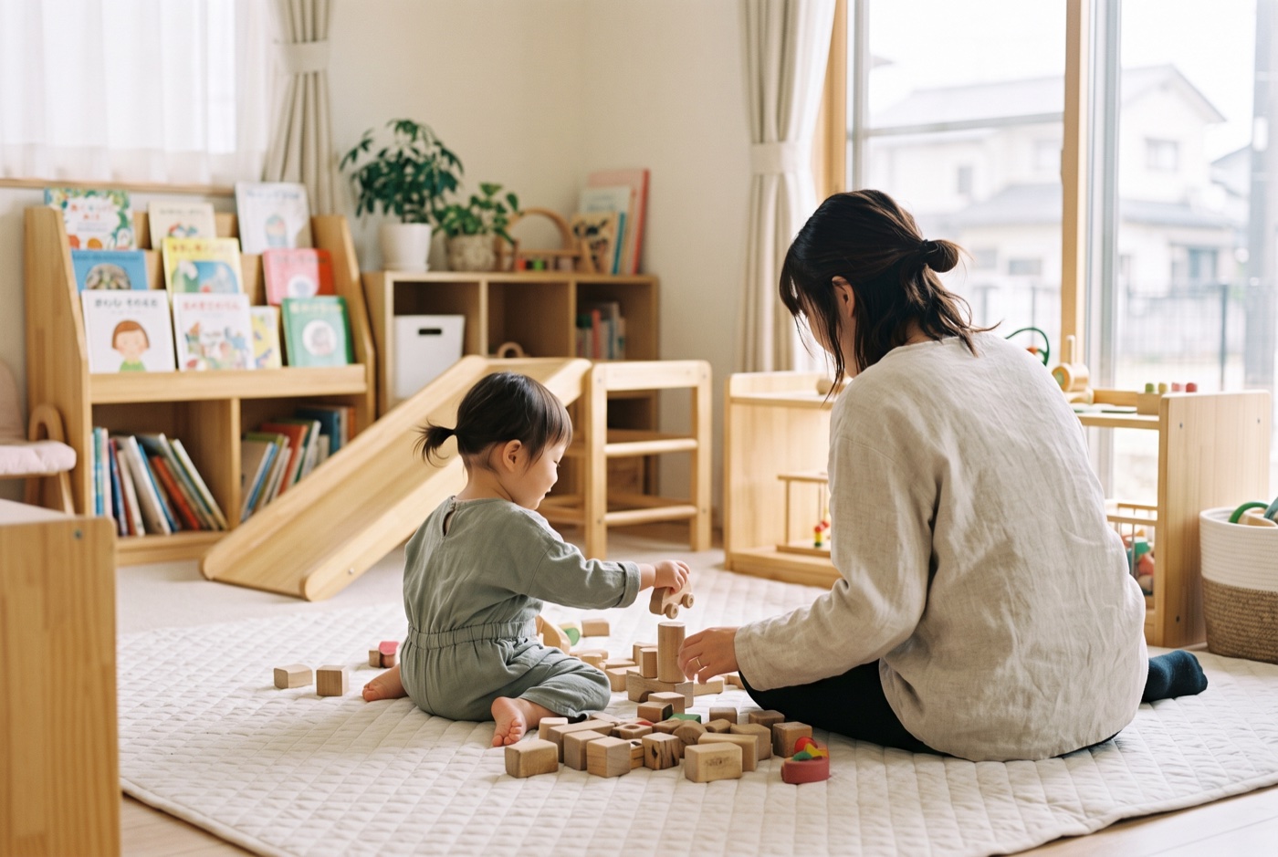 子育て支援センターで、木のおもちゃで遊ぶ親子のイメージ