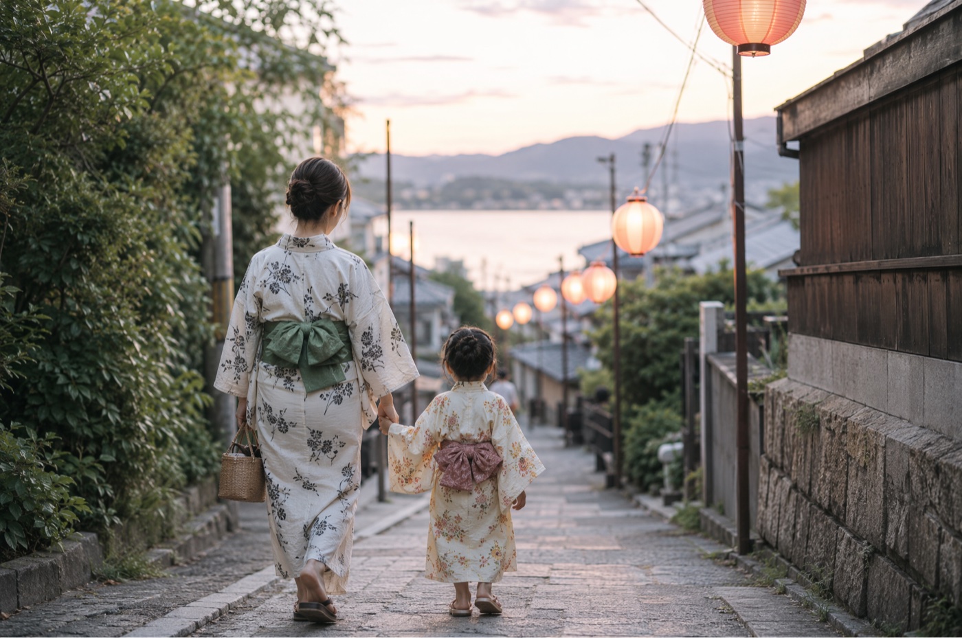 夕暮れの河川敷へ浴衣で向かう親子のイラスト